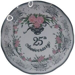 Lefton 25th Anniversary Glass Plate Pink Roses Silver Bells Vintage 1989‎ 9.5in
